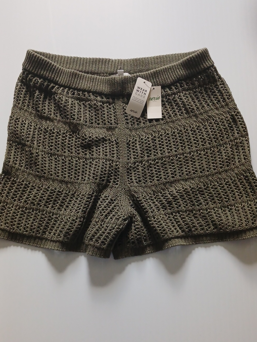 aerie Olive Crochet High-Rise Knit Shorts NEW